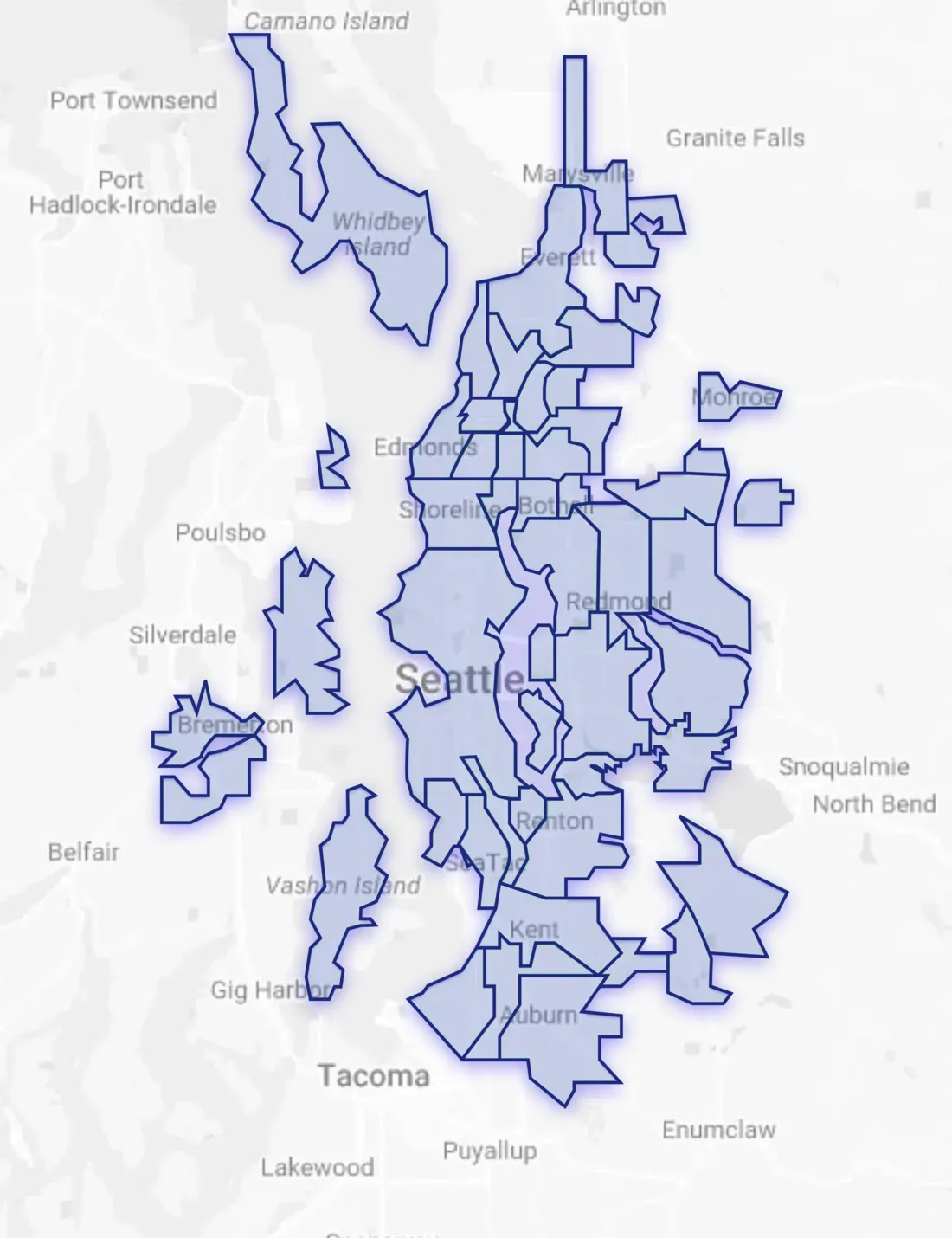 Map of the Royal Moving service area around Seattle, from Marysville to Auburn