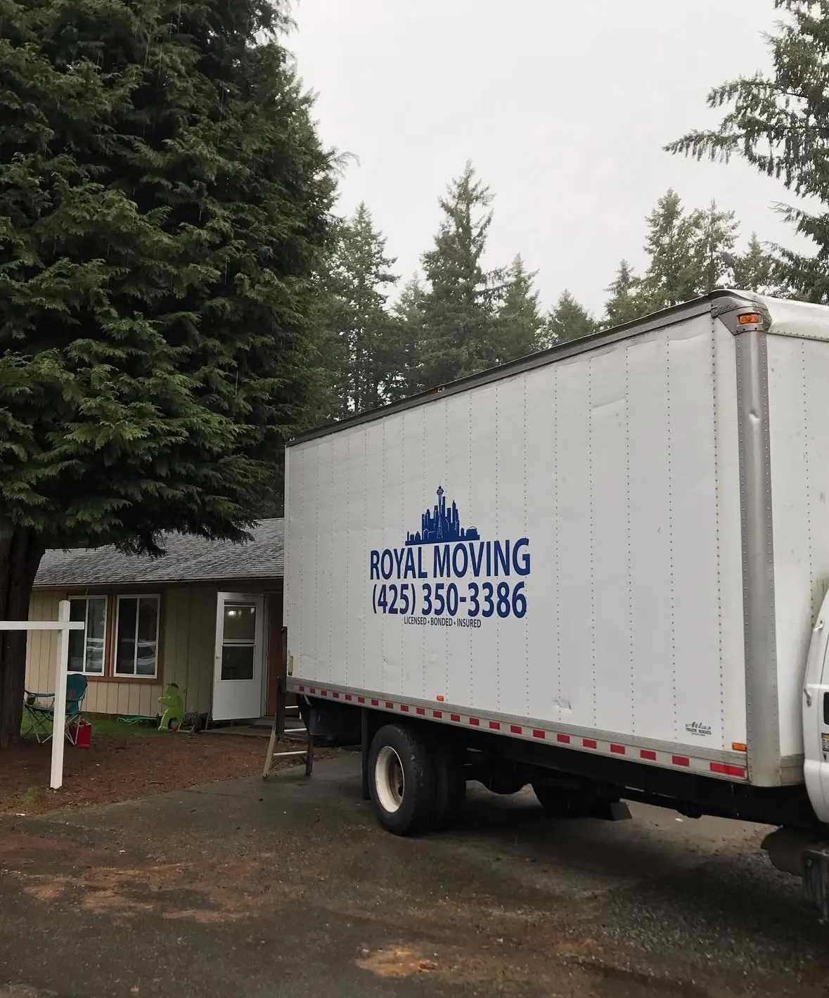 The truck parked beside a house under tall fir trees
